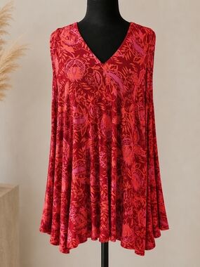 Free People Red & Pink Floral V-Neck Swing Dress